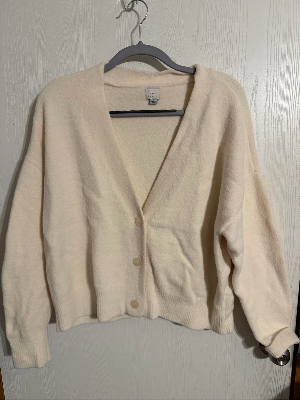 A New Day Cream Fuzzy V-Neck Cardigan Sweater - Size L